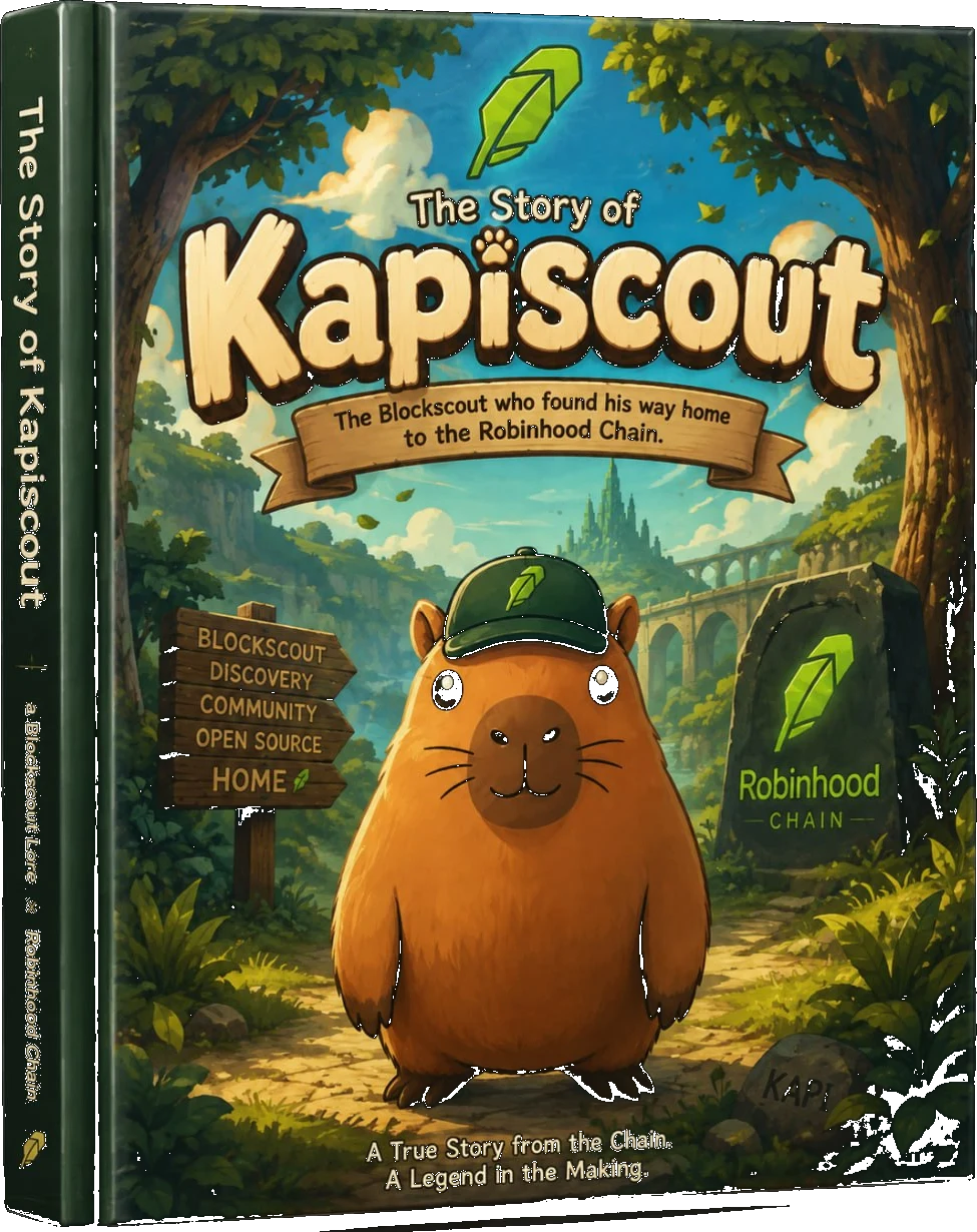 The Story of Kapiscout storybook cover, showing the capybara scout on the Robinhood Chain trail