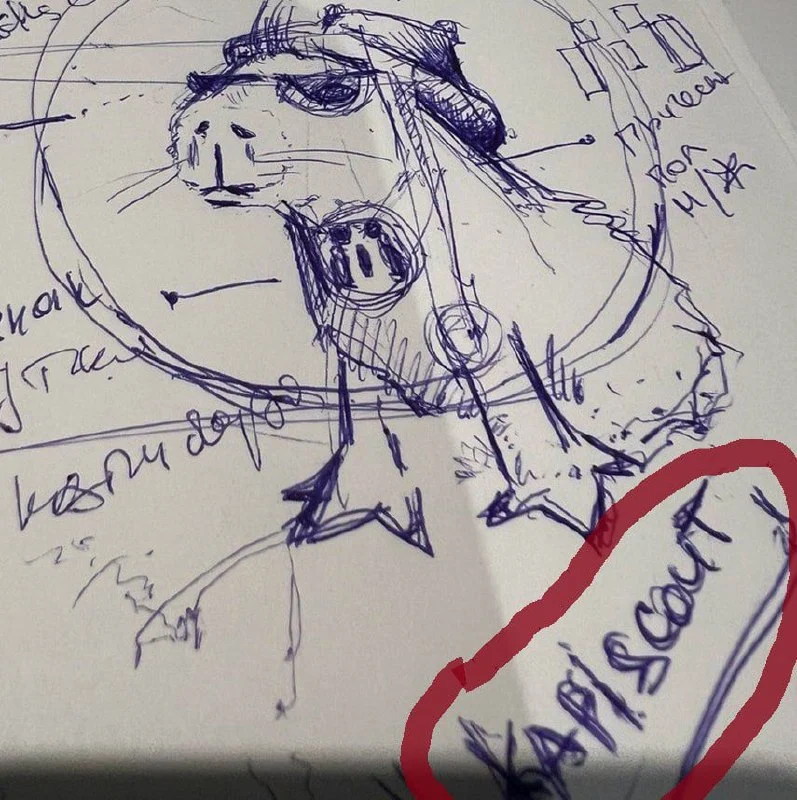 The name KAPISCOUT circled in red on the original mascot sketch
